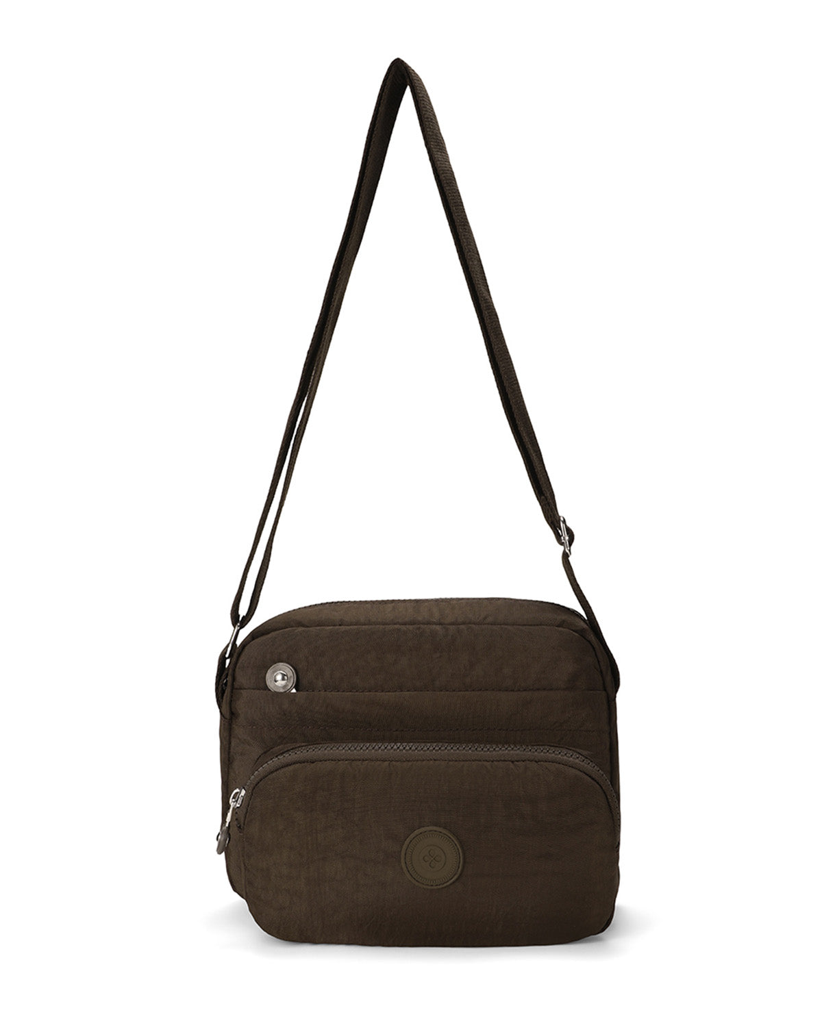 A dark brown Kipling crossbody bag with a textured nylon fabric, featuring a front zippered pocket, a top zip compartment, and a matching adjustable shoulder strap on a white background.