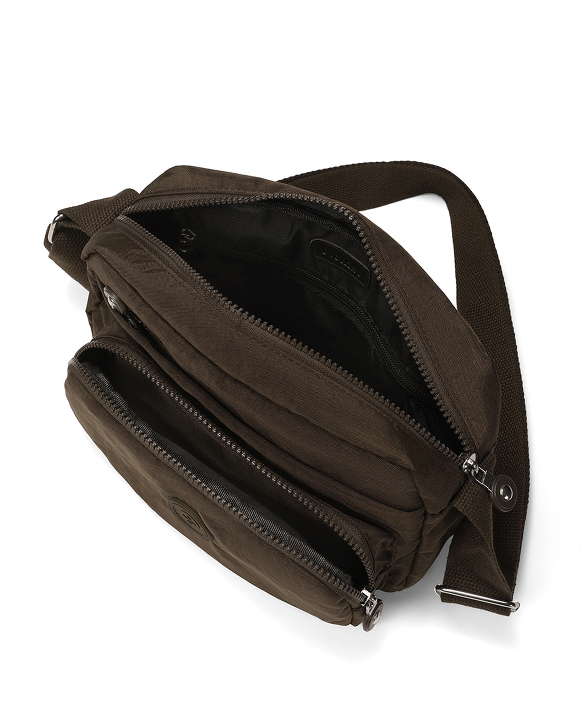 A dark brown nylon crossbody bag with multiple zippered compartments, shown open to reveal its interior layout on a white background.