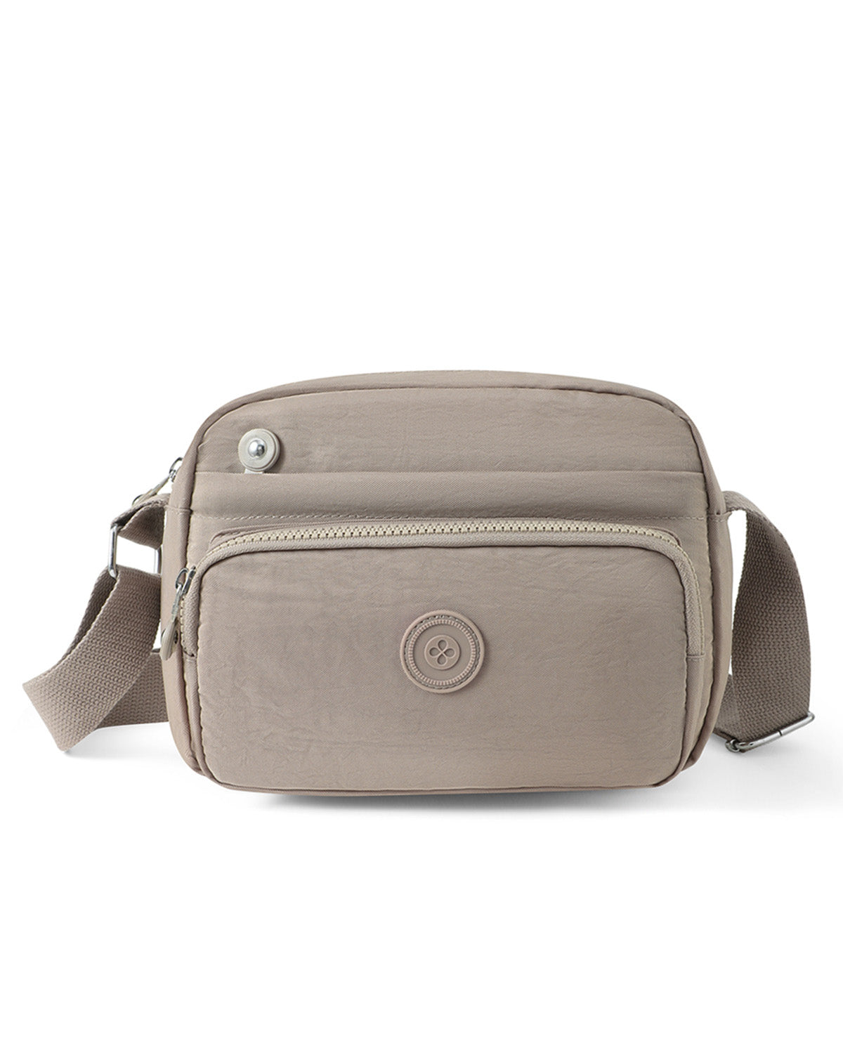 A taupe nylon crossbody bag with a front zippered pocket and a circular logo emblem, shown on a plain white background.