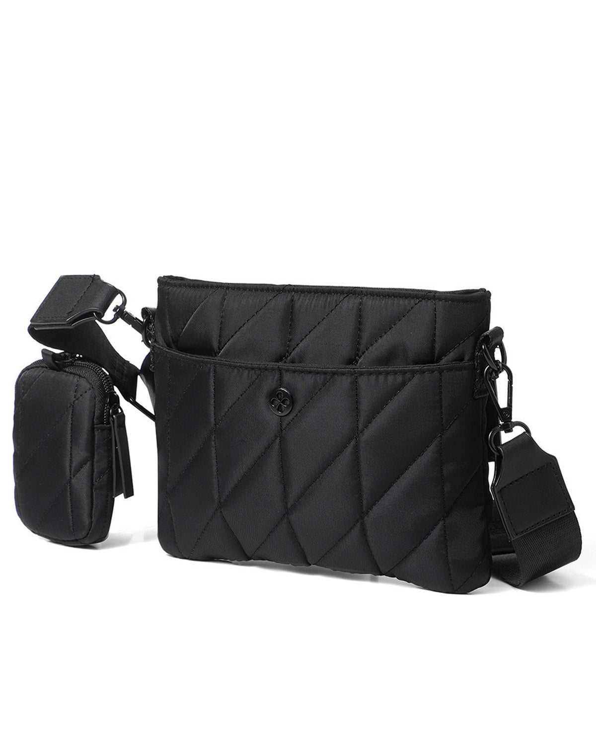 A black quilted nylon crossbody bag with a matching small zippered pouch and adjustable shoulder strap, shown on a plain white background.