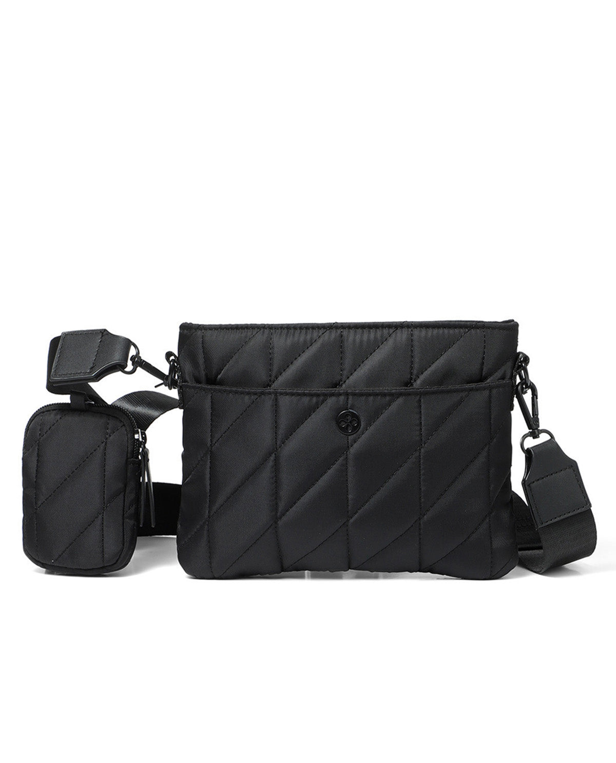 A black quilted nylon crossbody bag with a matching small zippered pouch attached on the side, displayed against a clean white background.