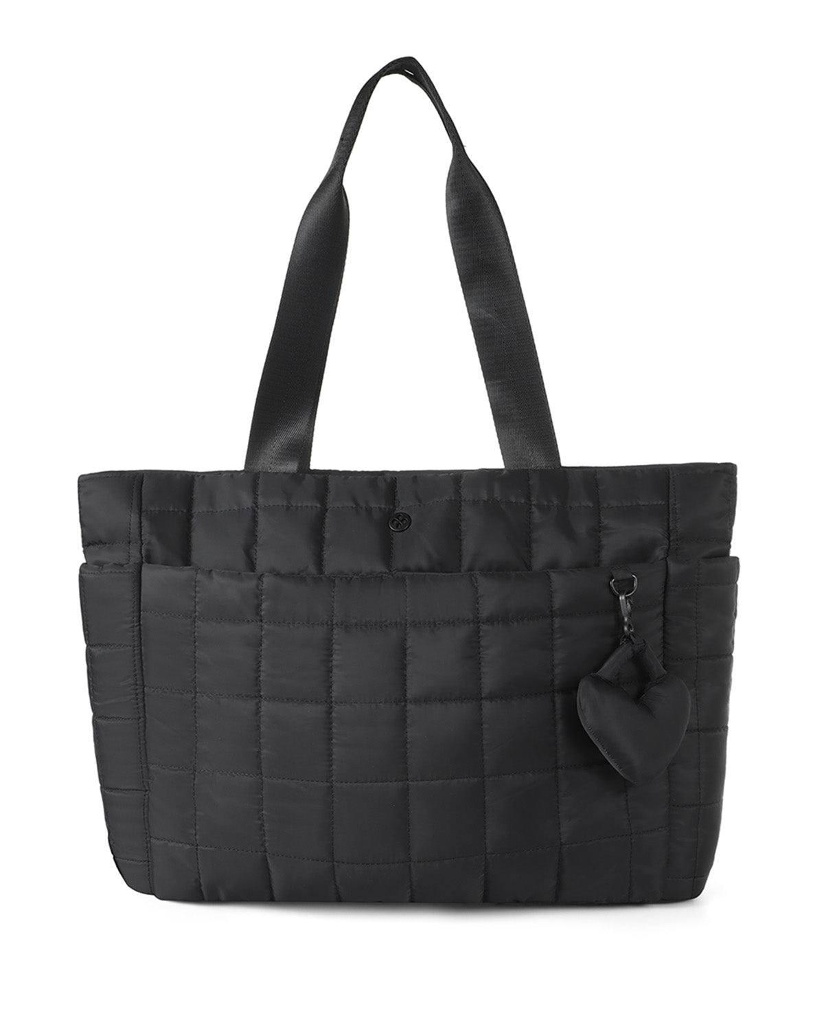 A black quilted nylon tote bag with dual shoulder straps and a small heart-shaped zipper pull, shown against a plain white background.
