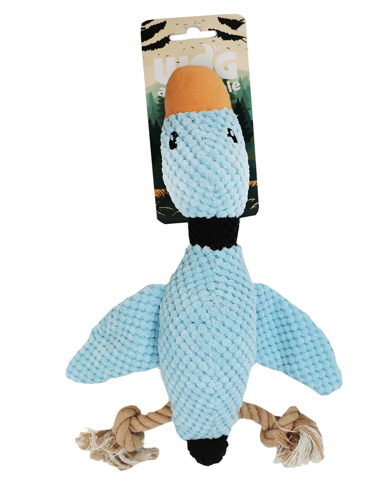 A light blue textured rope duck dog toy with a natural tan rope tail and beak, attached to a cardboard backing card, shown on a plain white background.