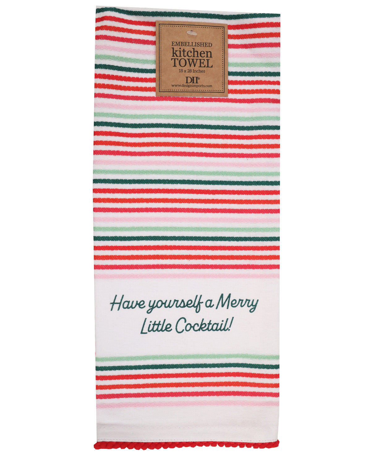 A striped kitchen towel with red, green, and white horizontal stripes, featuring the embroidered text 'Have yourself a Merry Little Cocktail!' and a brown paper brand label at the top.
