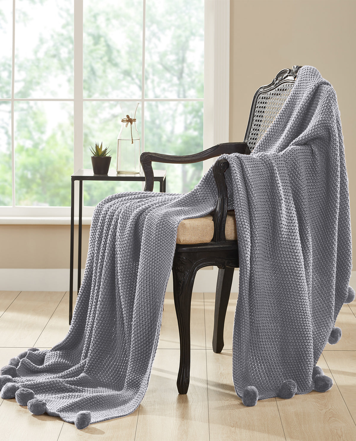 Gray Pom Pom Throw