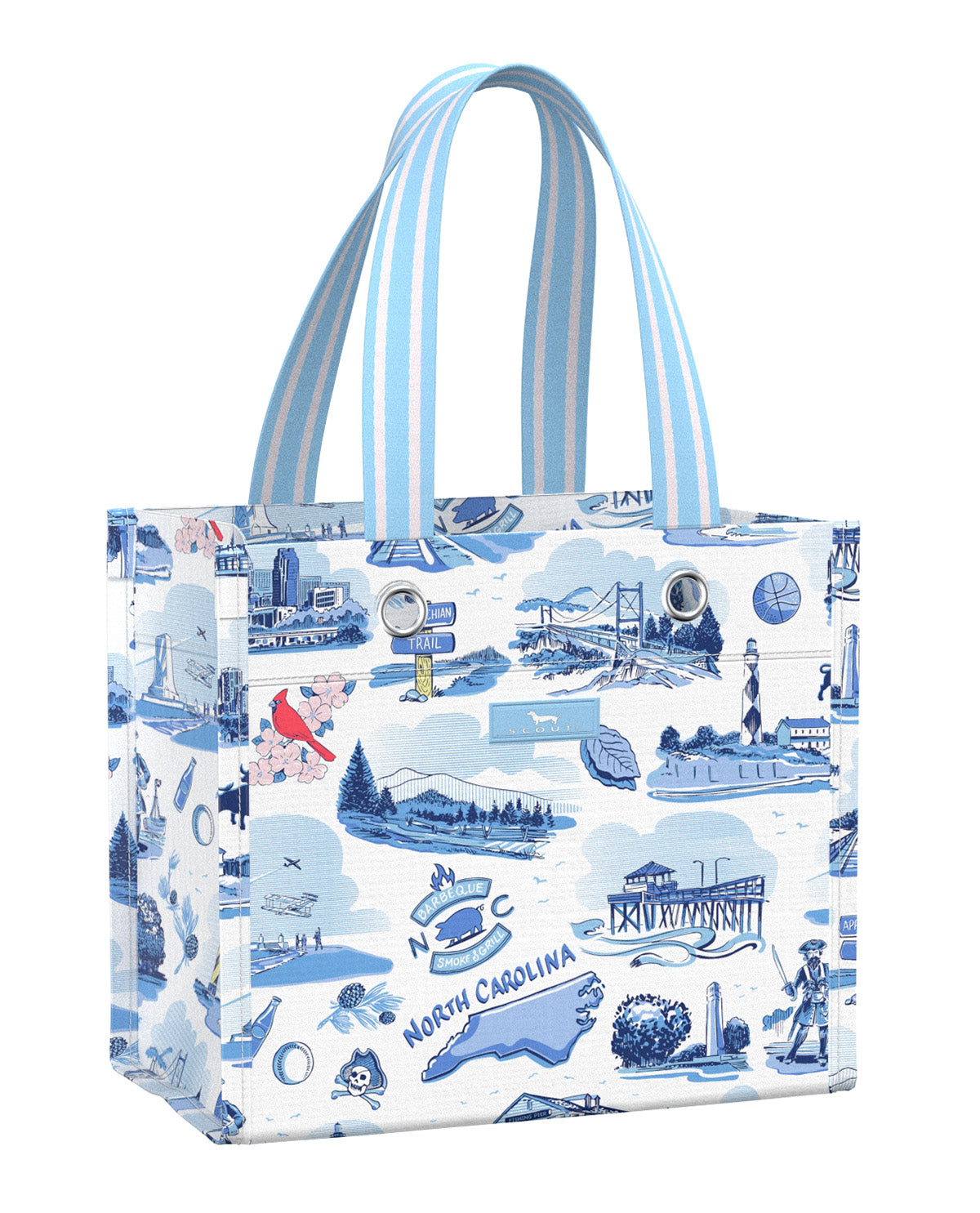 A structured tote bag featuring a white base with a blue illustrated North Carolina-themed print and light blue and white striped handles, shown on a plain white background.