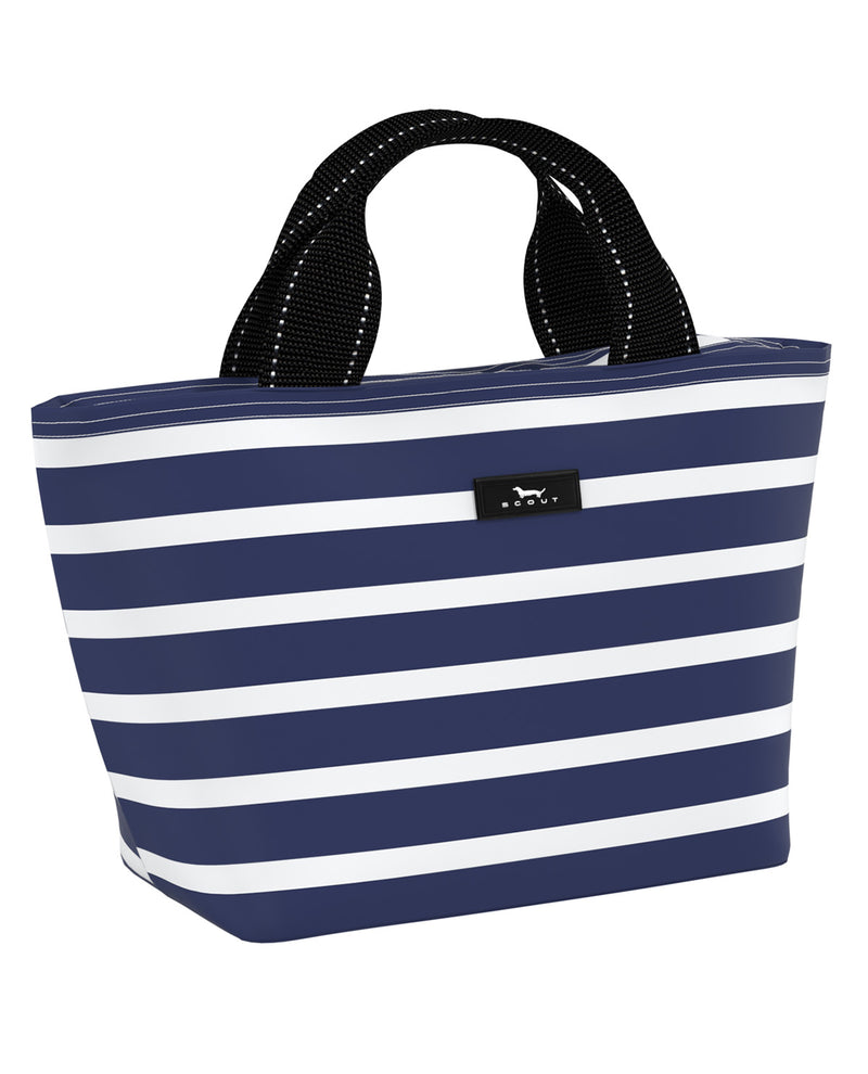 A navy blue and white horizontally striped tote bag with black webbed handles and a small black brand patch on the front, shown on a plain white background.