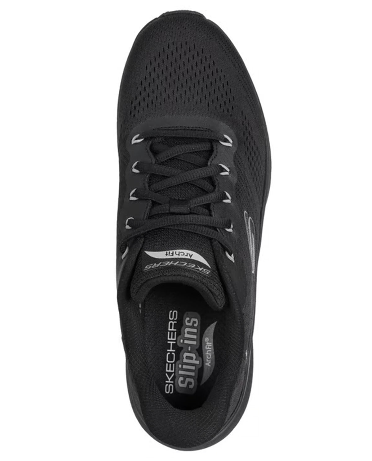 A black Skechers running shoe shown from a top-down view against a plain white background.