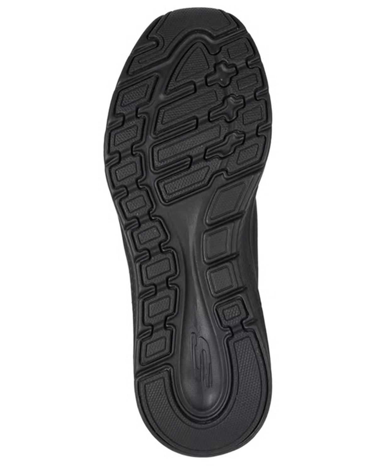 The black rubber outsole of a shoe, showing detailed tread patterns, photographed against a solid white background.