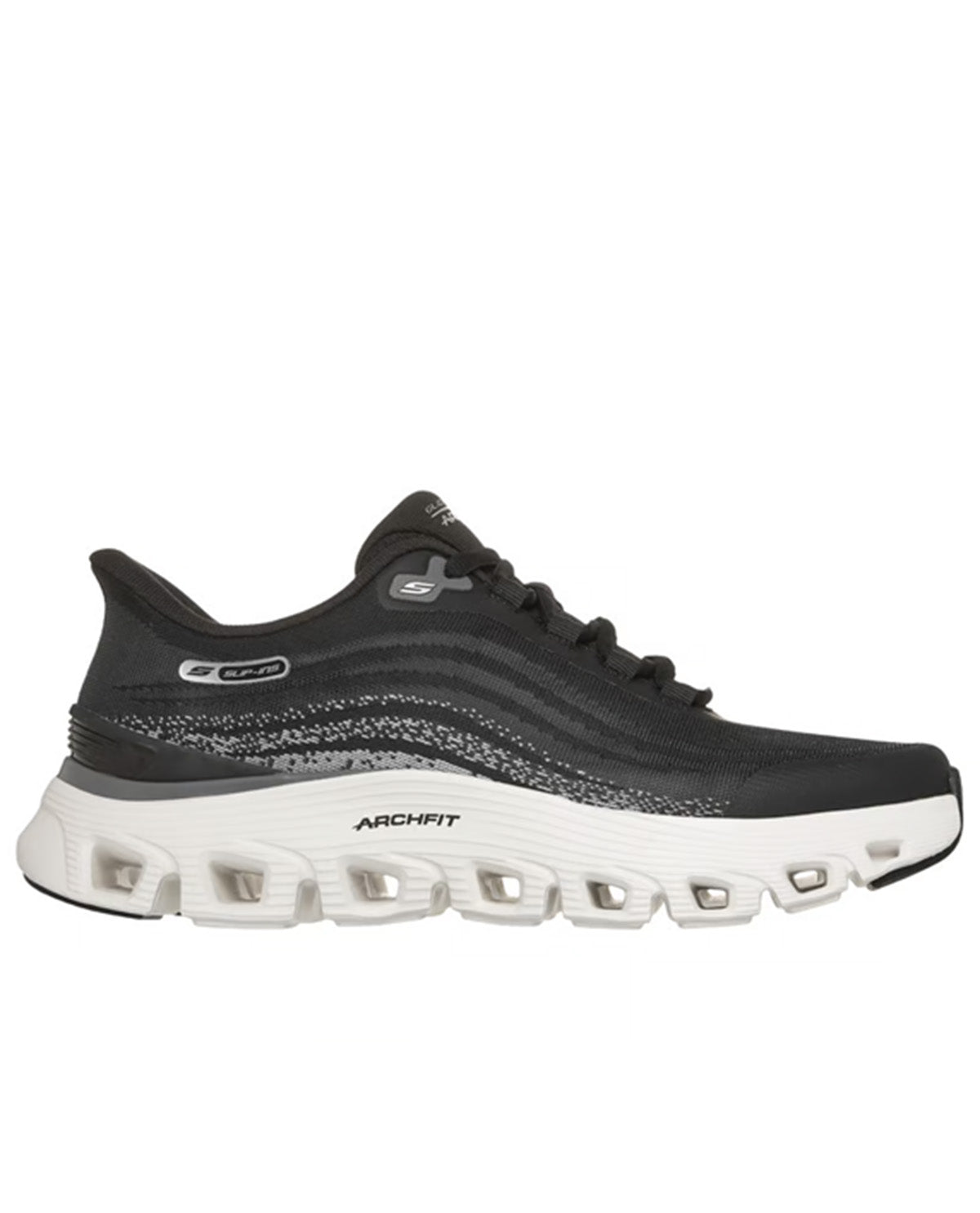 Black Skechers sneaker with white sole on a white background