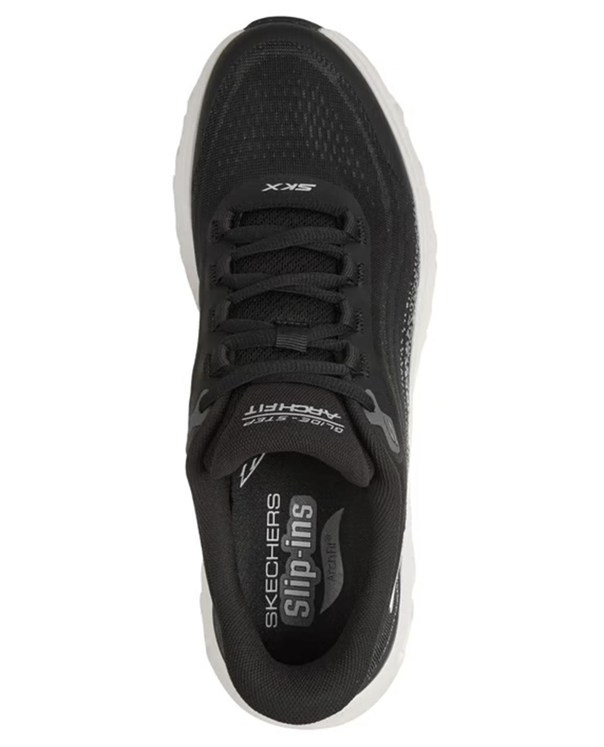A black Skechers ArchFit Slip-Ins sneaker shown from a top-down view against a plain white background.