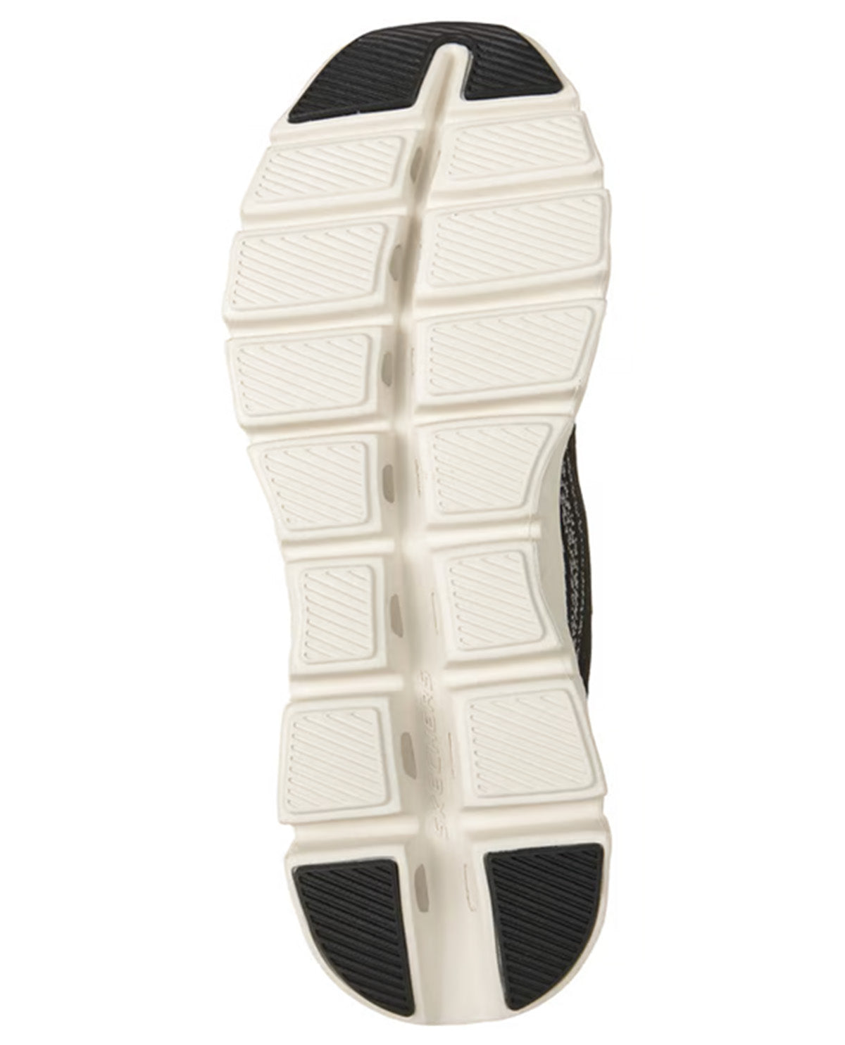 The outsole of a sneaker shown from a top-down view, featuring a thick, segmented off-white cushioned midsole with black textured rubber accents at the toe and heel.