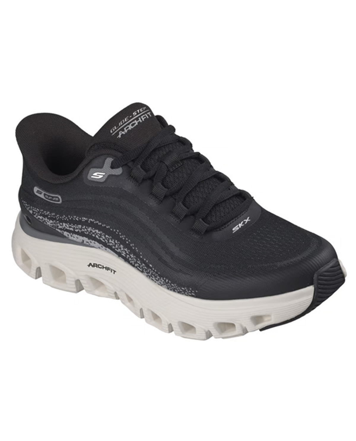 A Skechers running shoe in black and white, featuring a black mesh upper, black laces, and a thick white cushioned sole with visible Skechers branding.