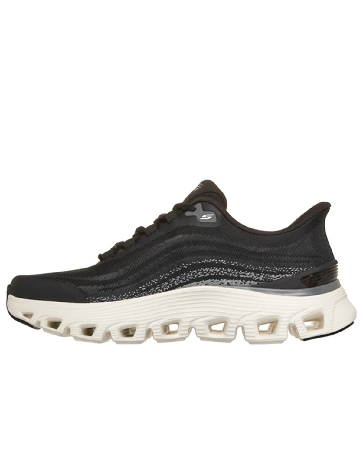Black Skechers sneaker on a white background