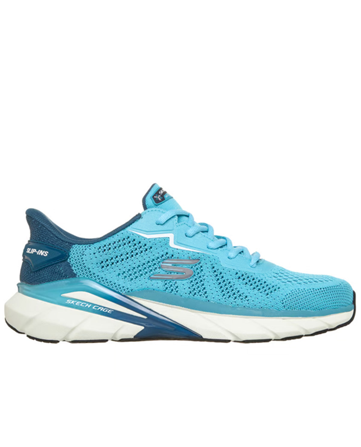 A Skechers running shoe in light blue and navy blue, featuring a breathable mesh upper, white cushioned sole, and the Skechers logo on the side, set against a plain white background.