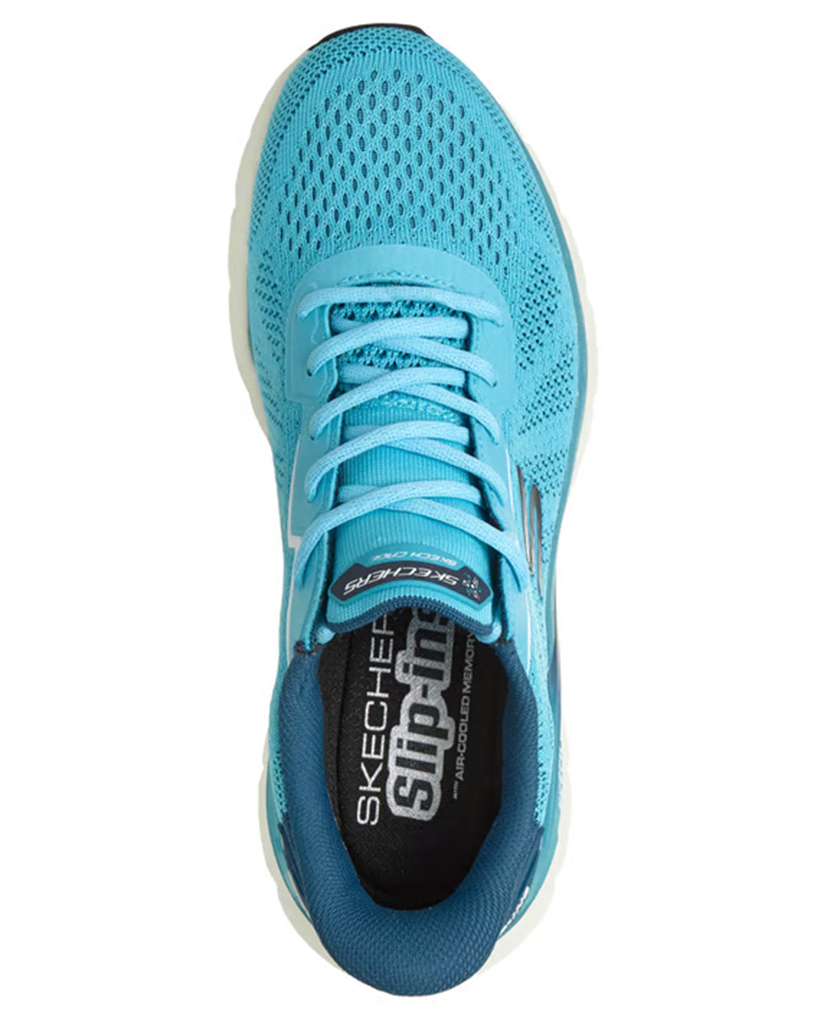 A Skechers running shoe in a vibrant turquoise blue, shown from a top-down view on a plain white background.