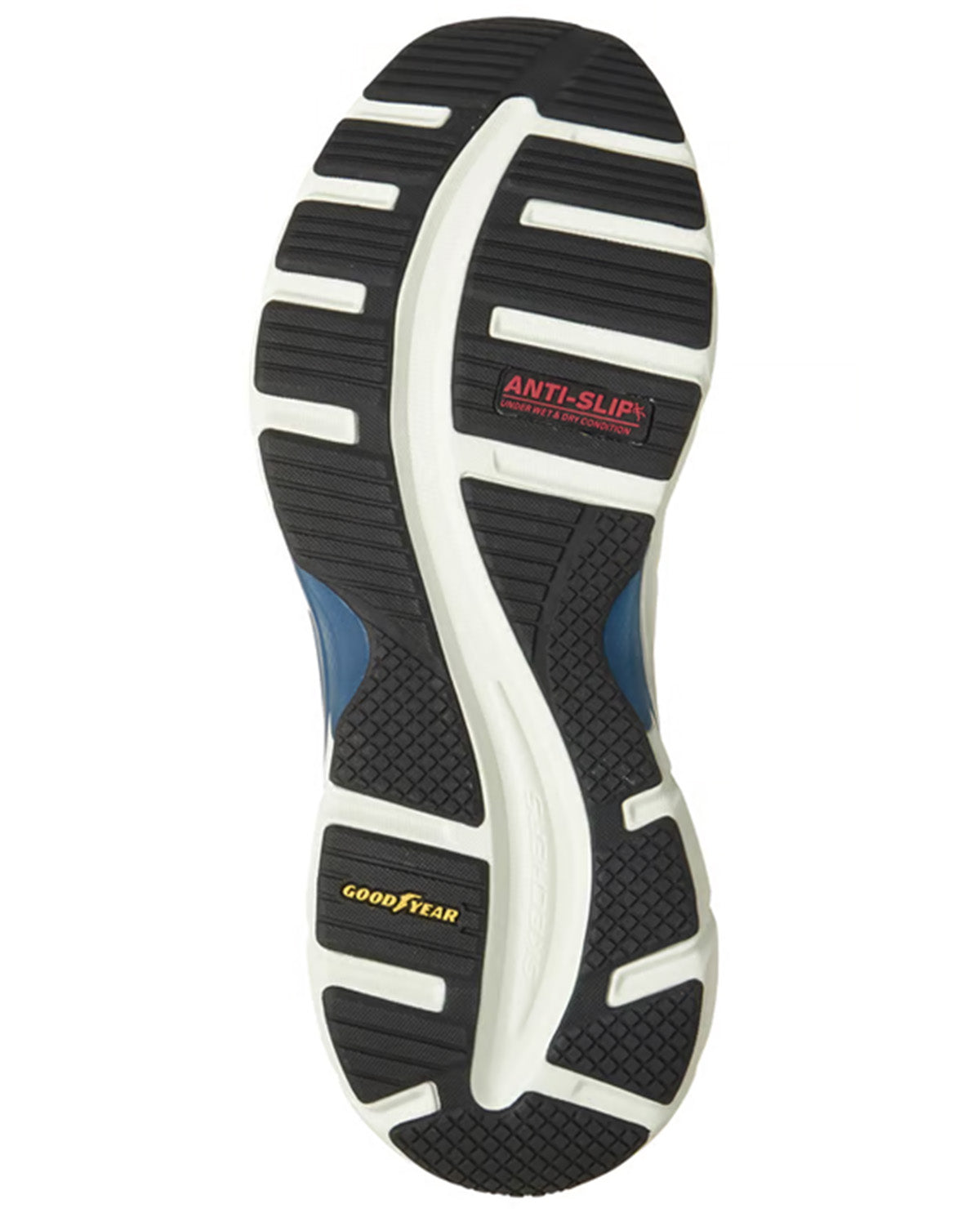 The outsole of a Skechers shoe, showing a black and white tread pattern with blue accents and red and yellow branding.