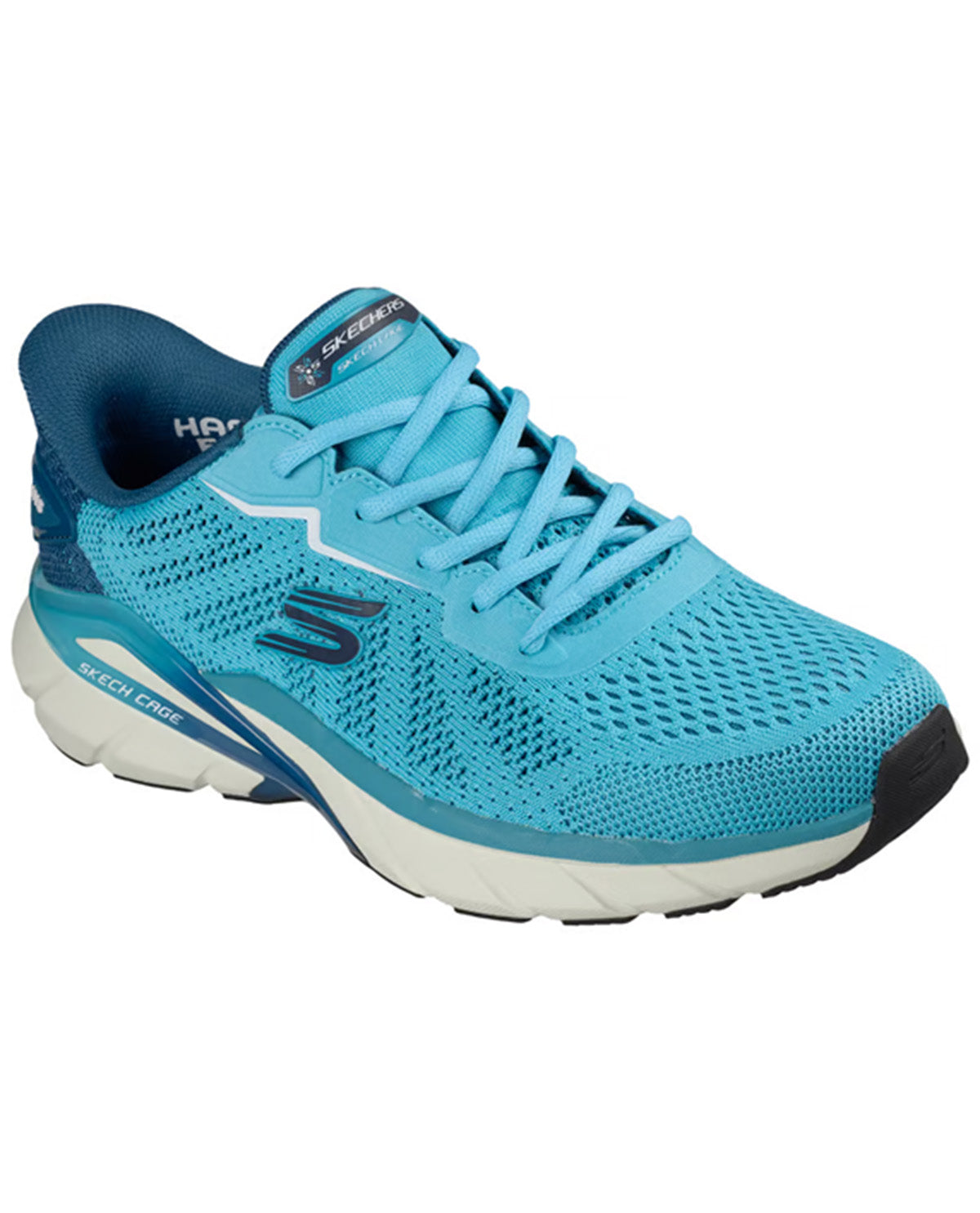 A Skechers running shoe in a vibrant light blue mesh, featuring a dark blue collar, white midsole, and a black toe cap, shown on a plain white background.