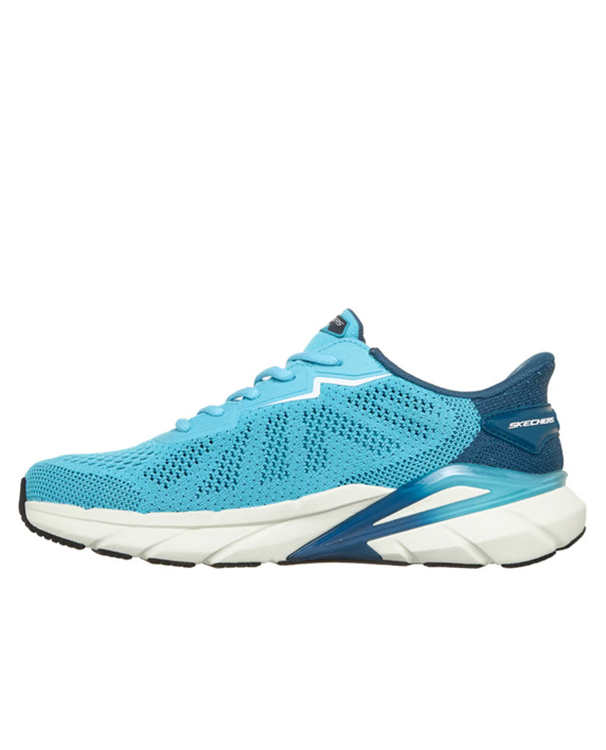 A light blue and navy blue running shoe with a white sole, shown from the side on a plain white background. The brand 'Skechers' is visible on the heel area.