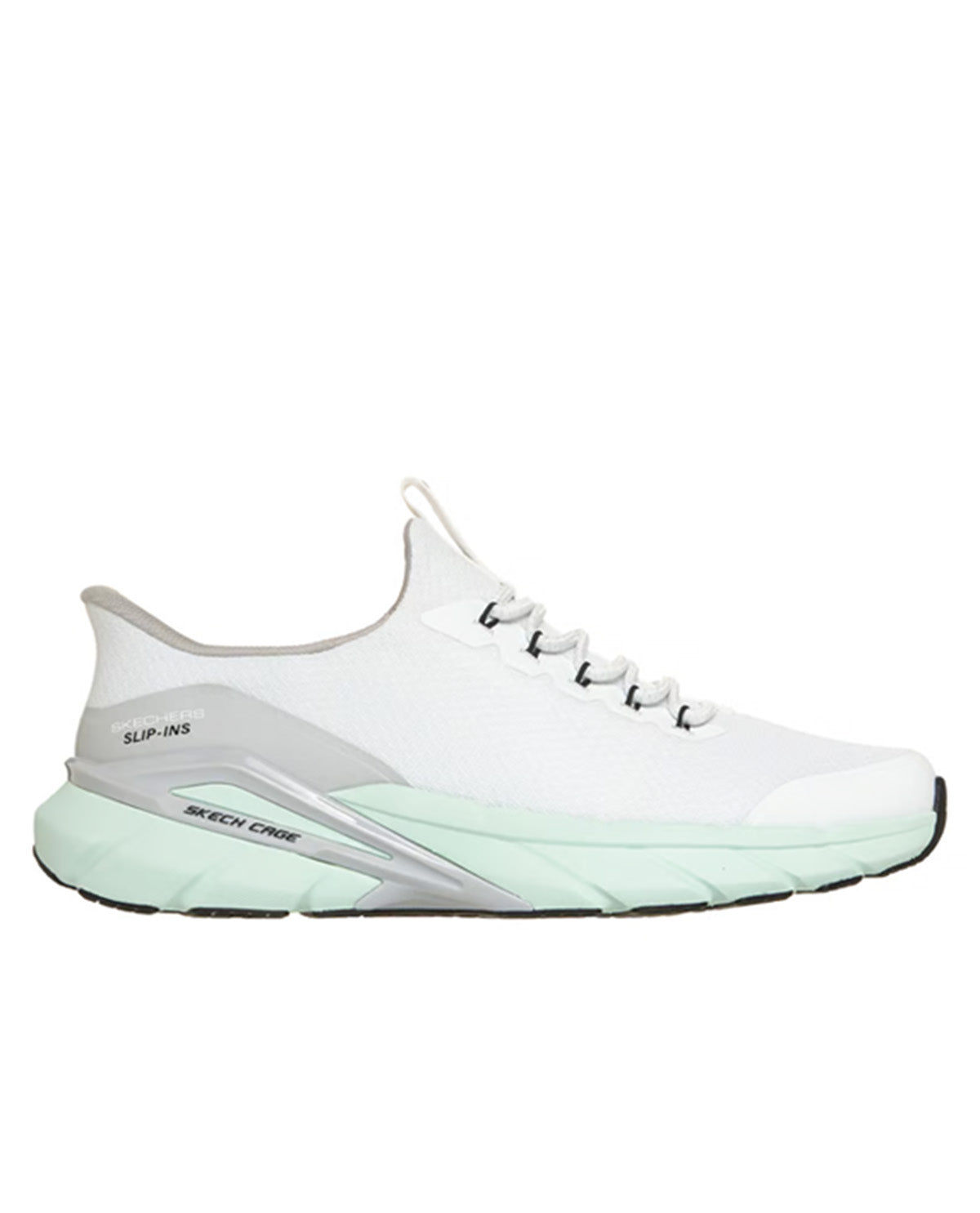 A white Skechers Slip-Ins sneaker with a mint green and gray accent sole, shown from a side profile on a white background.