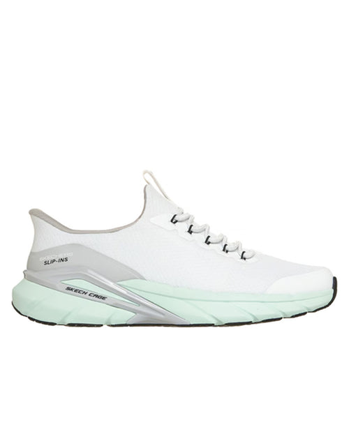 A white Skechers Slip-Ins sneaker with a mint green and gray accent sole, shown from a side profile on a white background.
