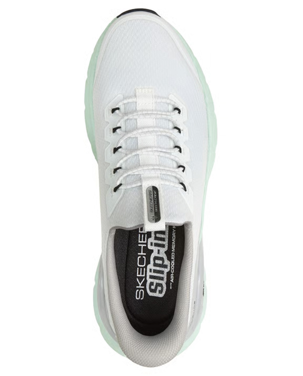 A Skechers Slip-In sneaker shown from a top-down view, featuring a white mesh upper, white laces, a black inner lining with white Skechers branding, and a light mint green outsole.