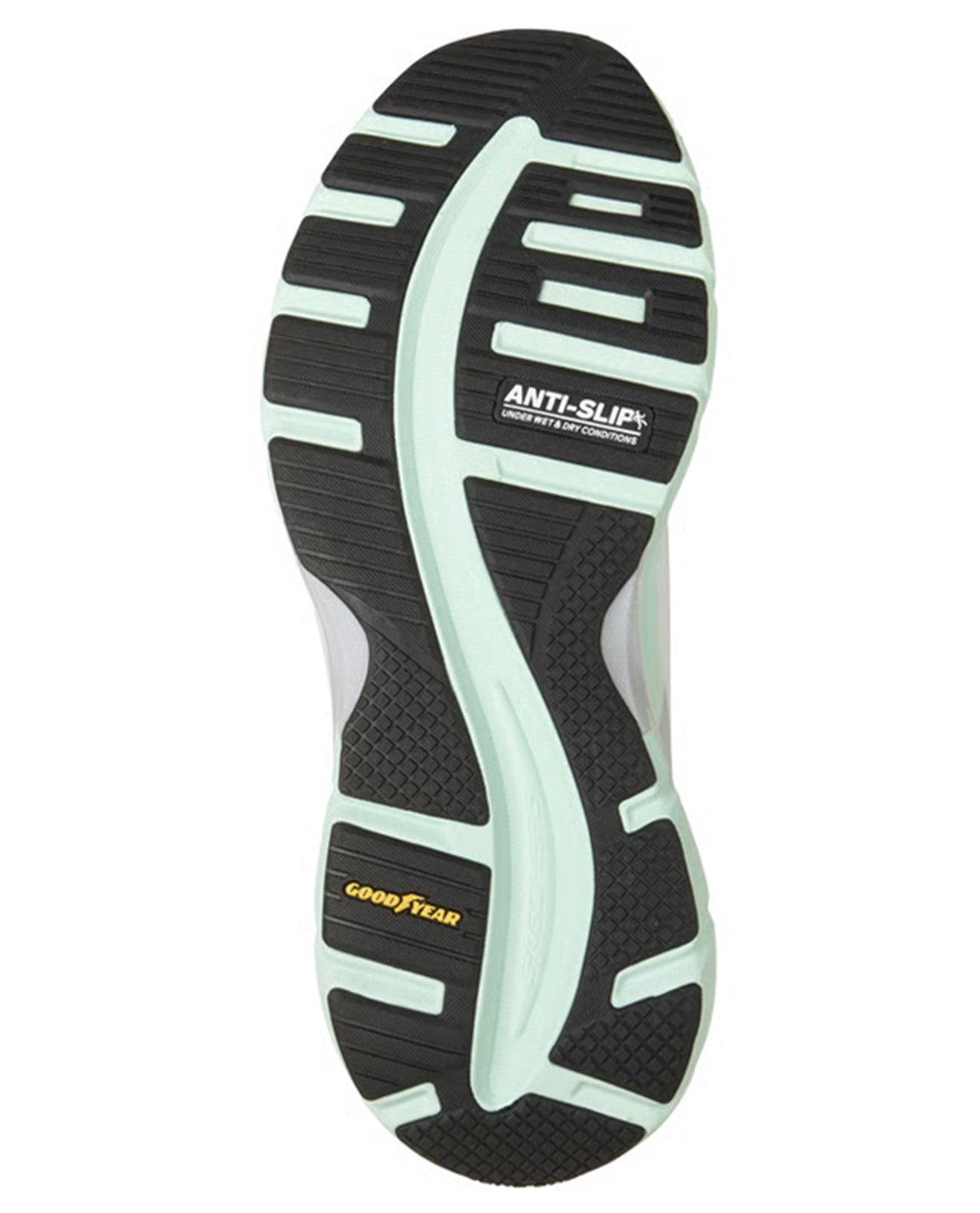 The outsole of a Skechers athletic shoe, showing a black tread pattern with mint green and white accents, featuring the Goodyear Anti-Slip technology label.
