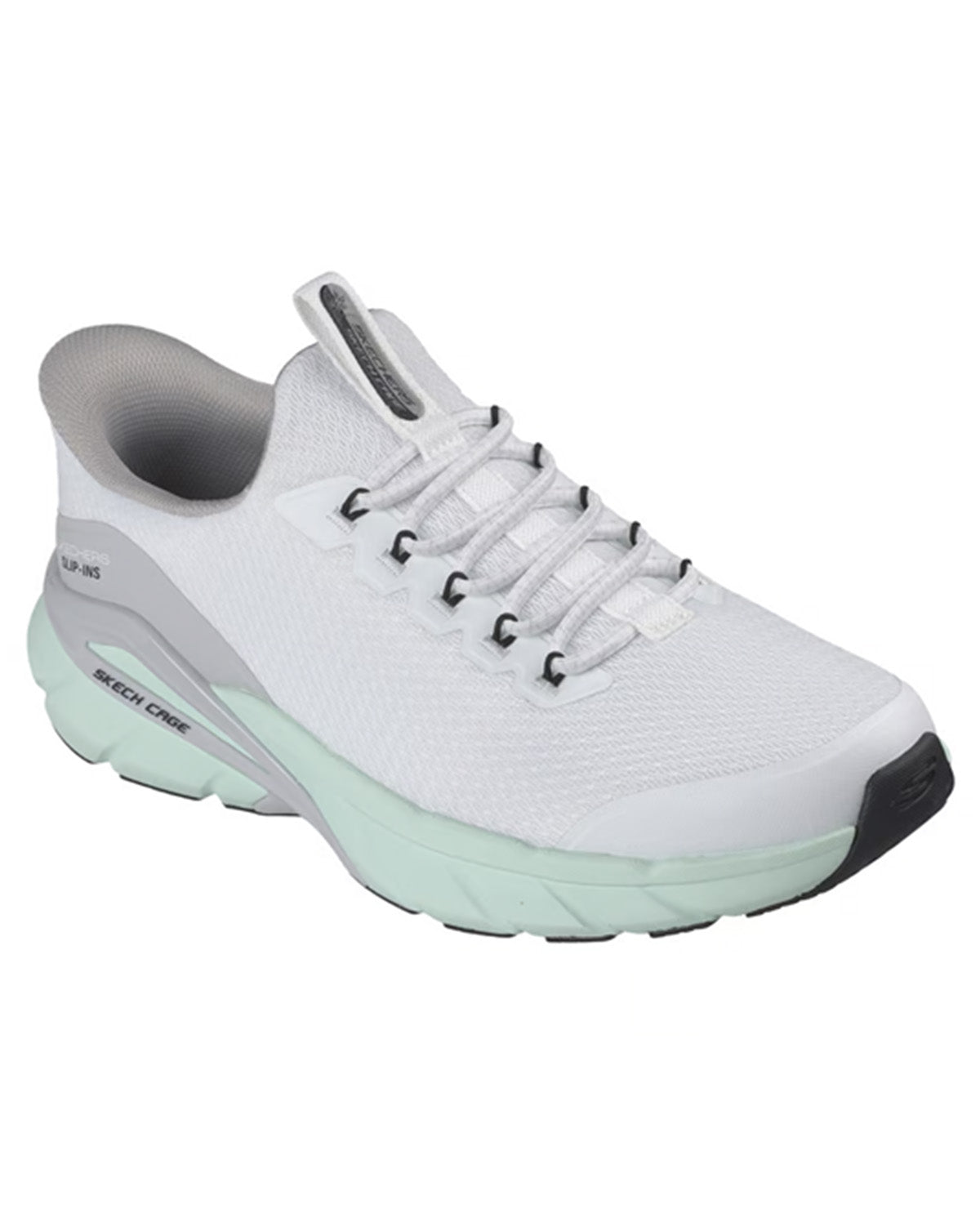 A Skechers athletic sneaker in white with light gray and mint green accents, shown from a three-quarters angle on a white background.