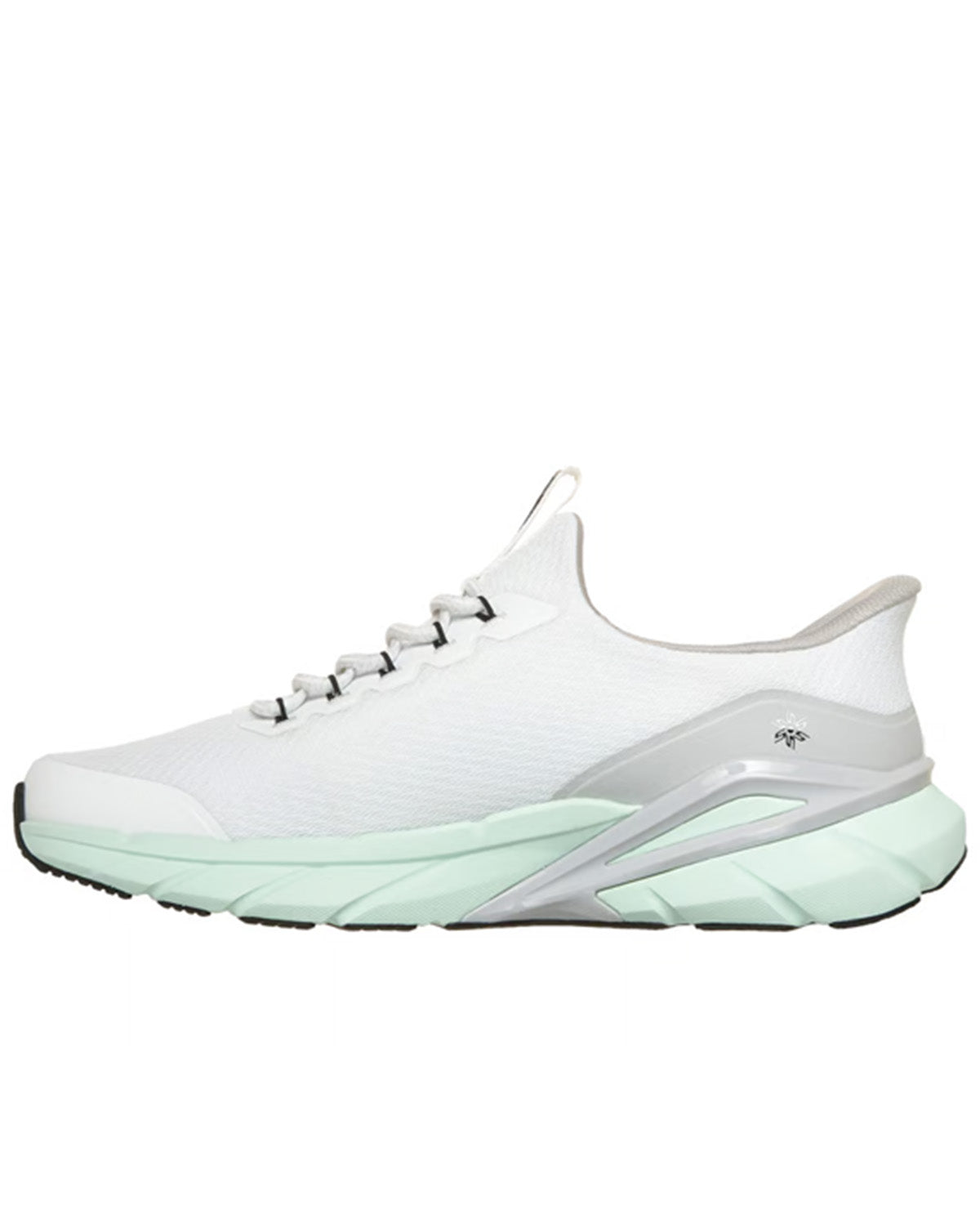 A white athletic sneaker with a mint green and gray sculpted sole, shown from a side profile on a white background.