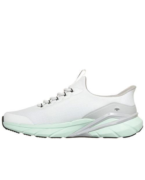 A white athletic sneaker with a mint green and gray sculpted sole, shown from a side profile on a white background.