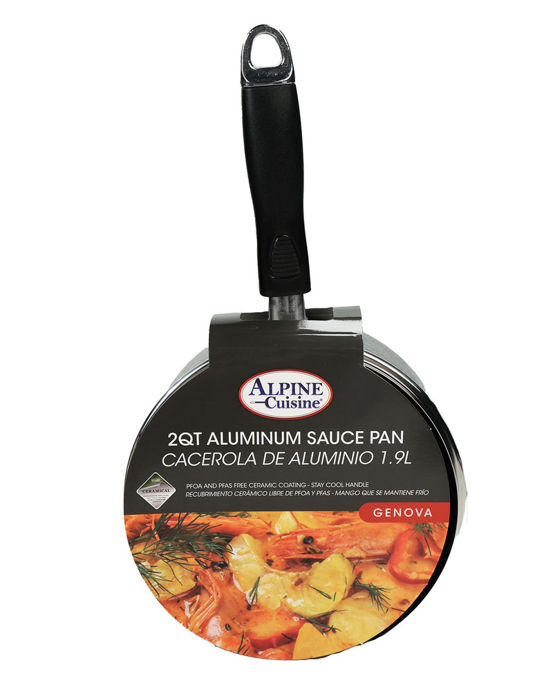 Alpine Cuisine 2Qt aluminum sauce pan with a black handle and a black label featuring a food photo and the brand name, on a white background.