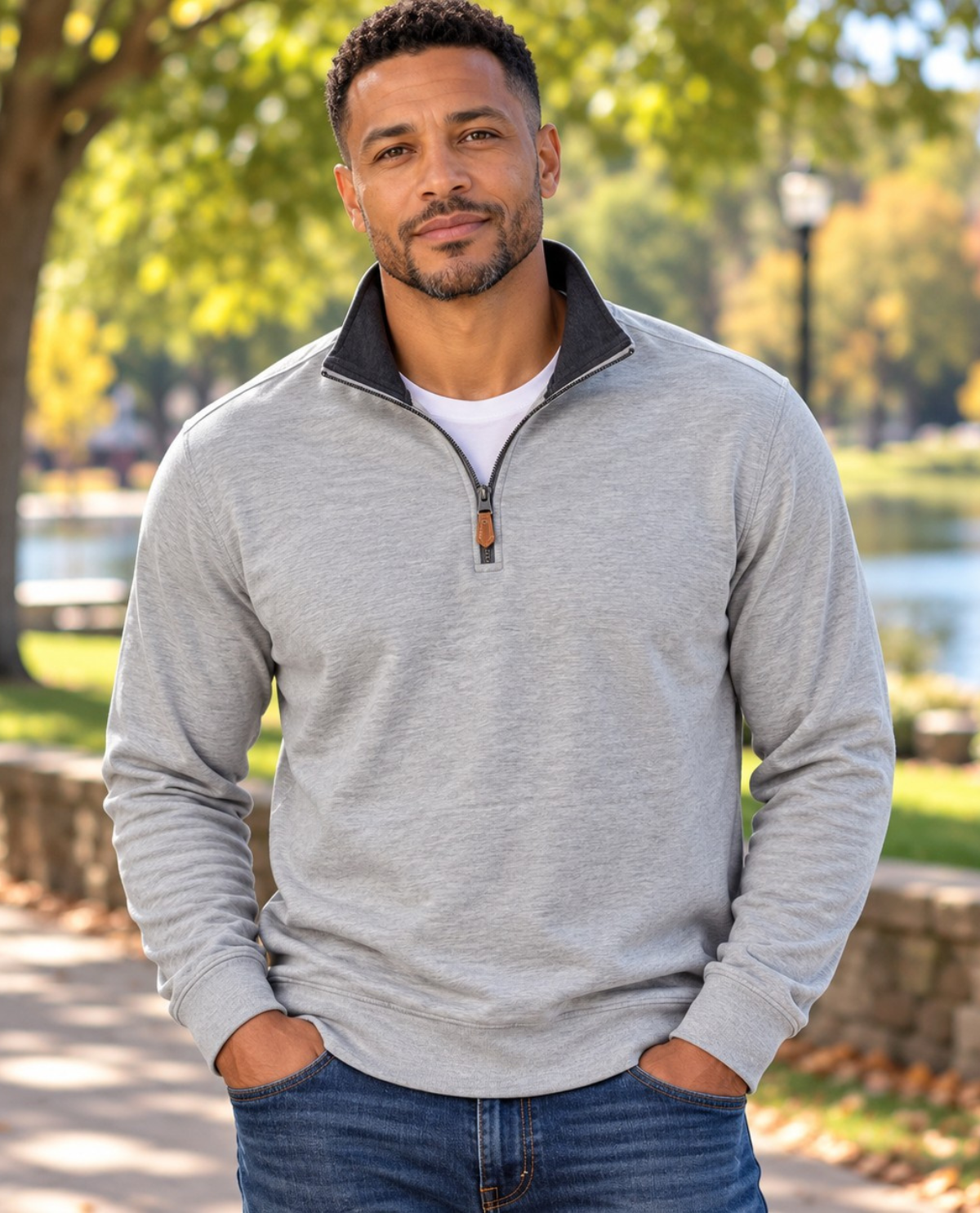 A man wearing a light gray quarter-zip pullover sweater with a dark collar, standing outdoors in a park with trees and a lake in the background.