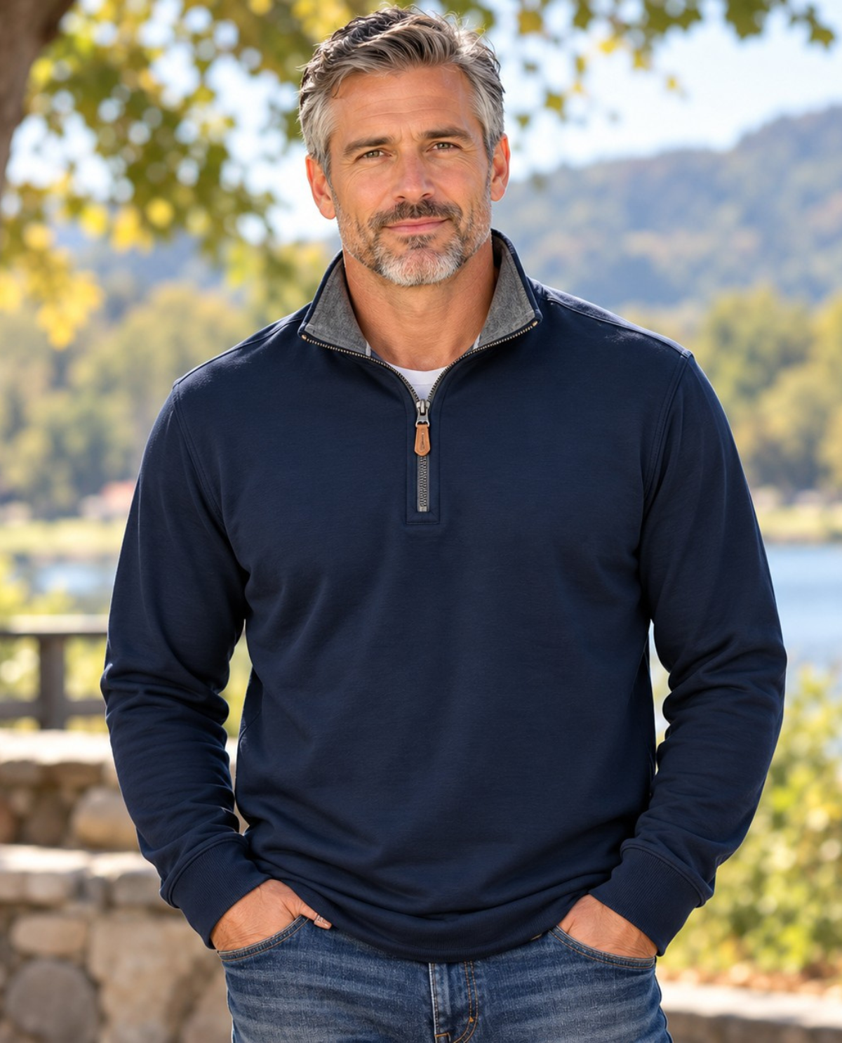 A man wearing a navy blue quarter-zip pullover sweater with a gray collar, standing outdoors in front of a scenic lake and forest background.
