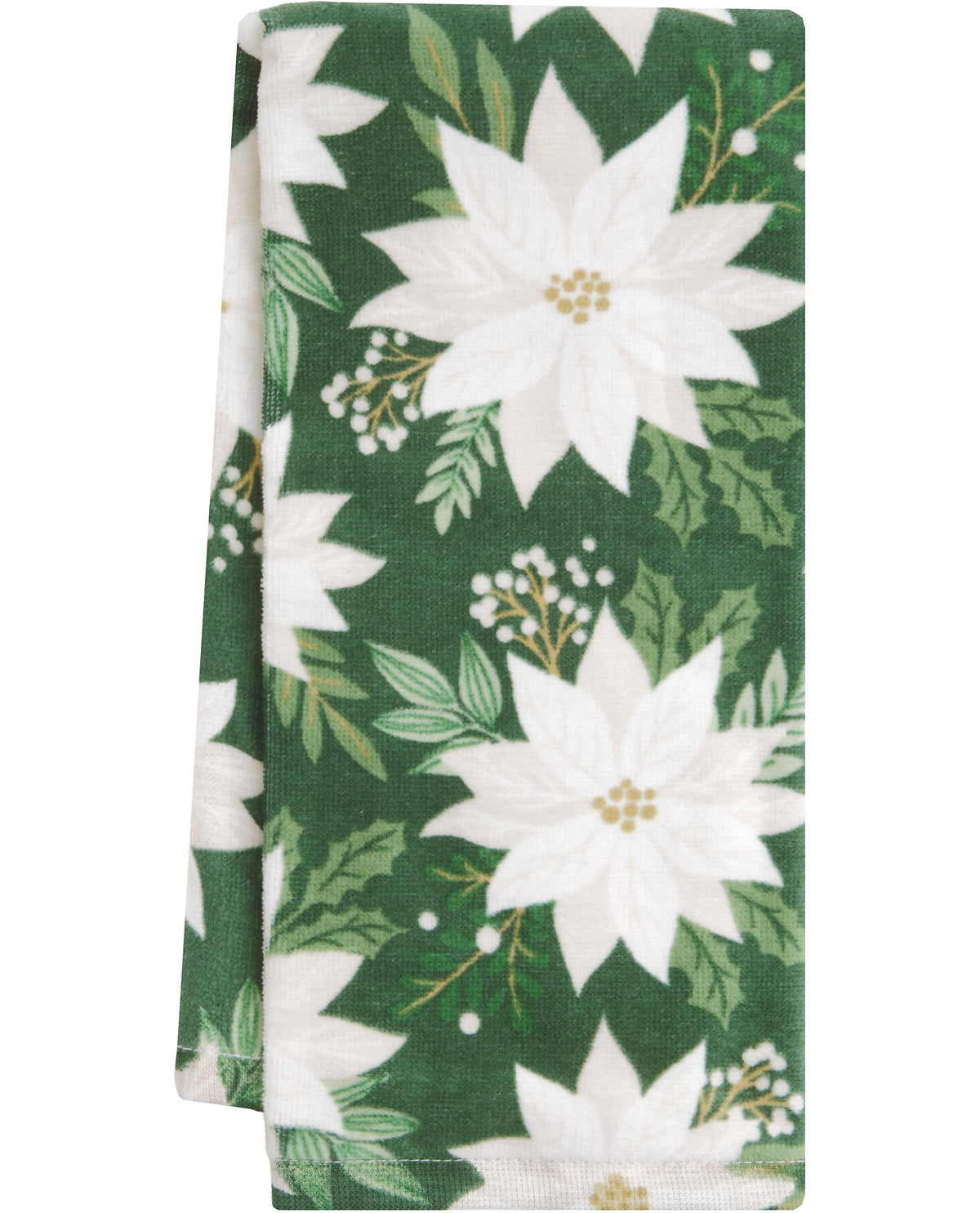 A folded fabric item, likely a towel or blanket, featuring a festive green and white poinsettia pattern with small gold flower centers.
