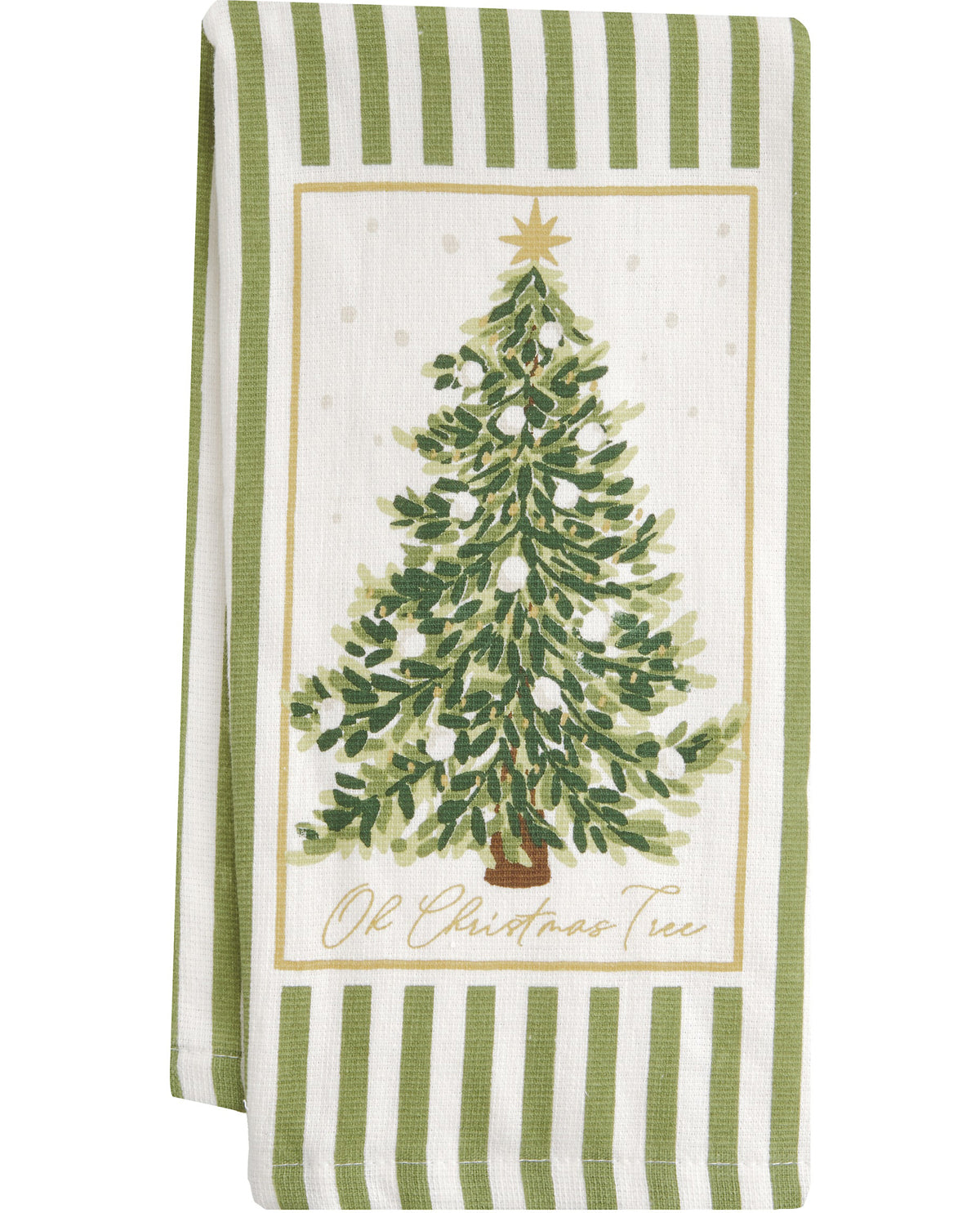 A green and white striped kitchen towel featuring a central illustration of a decorated Christmas tree with the text 'Oh Christmas Tree' in gold script.
