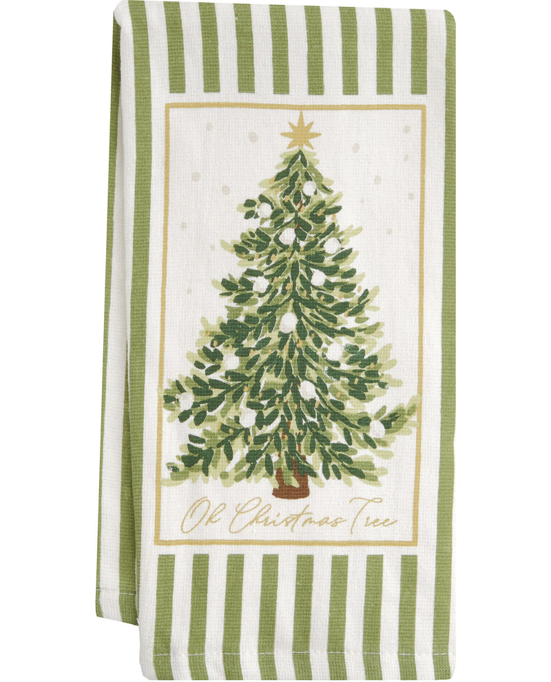 A green and white striped kitchen towel featuring a central illustration of a decorated Christmas tree with the text 'Oh Christmas Tree' in gold script.