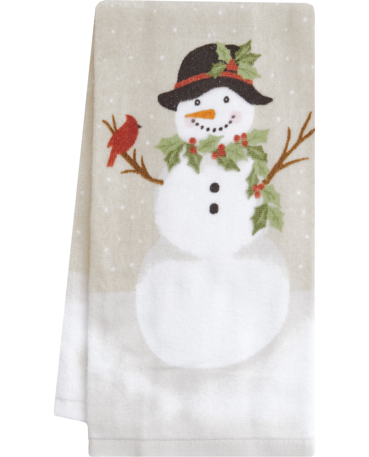 A folded white kitchen towel featuring a festive embroidered snowman design with a black hat, green holly leaves, red berries, a small red bird, and brown branches on a light beige background with subtle white snowflake details.
