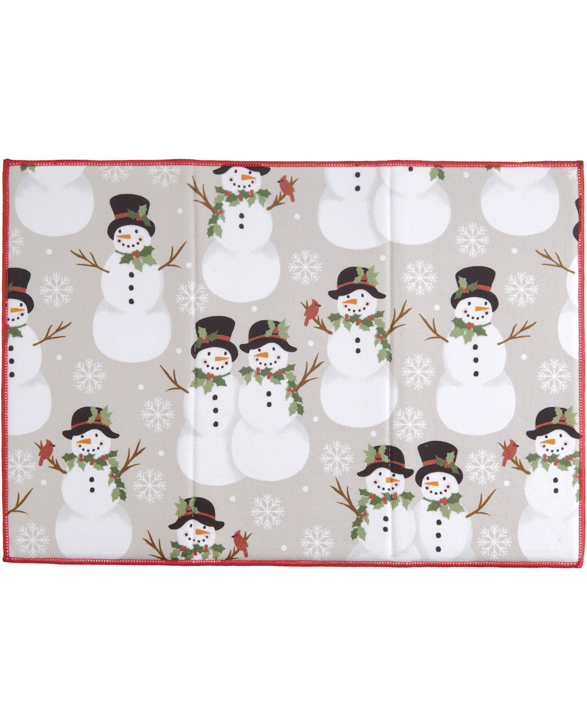 A rectangular fabric item, likely a scarf or bandana, featuring a repeating pattern of snowmen and snowflakes on a light gray background with a red border.