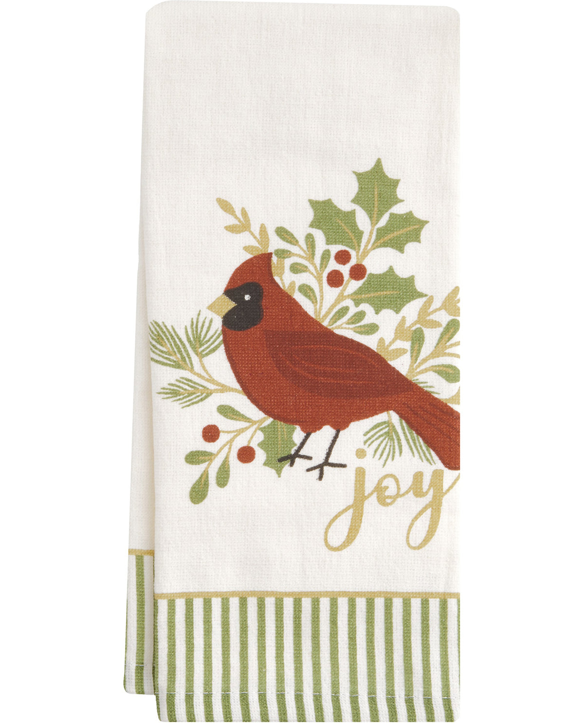 A white kitchen towel featuring a red cardinal perched on green holly branches with red berries, the word 'joy' in gold script, and a green and white striped border at the bottom.