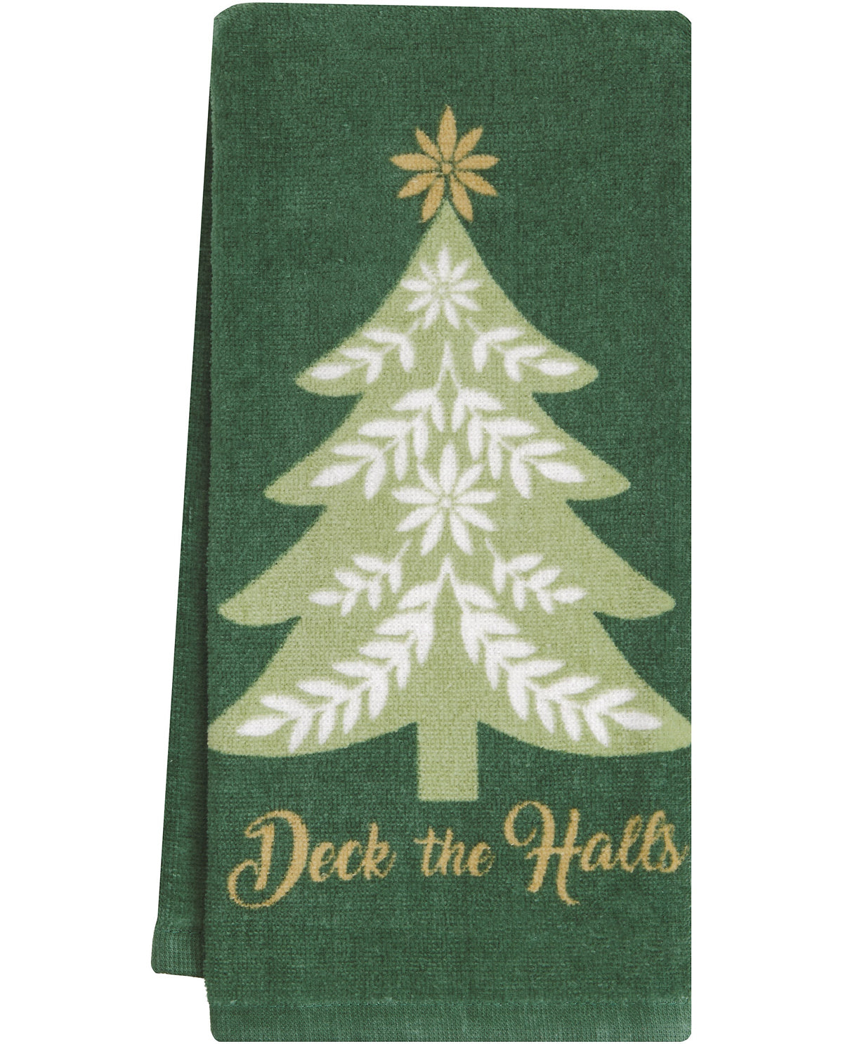 A dark green kitchen towel featuring a light green and white Christmas tree design with a gold star on top and the phrase 'Deck the Halls' in gold script at the bottom.