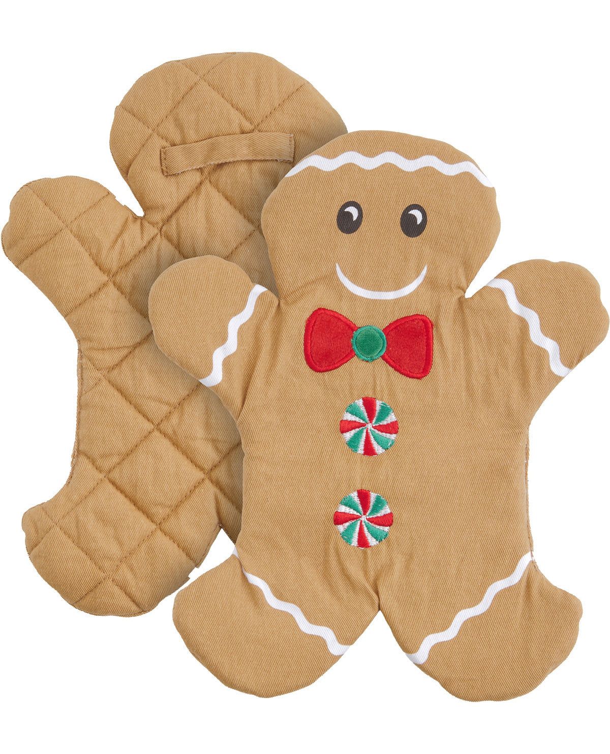 A pair of plush gingerbread-themed oven mitts on a plain white background. One mitt is shown from the front with a smiling face, white icing-style trim, a red bow tie with a green center, and red-and-green candy accents.