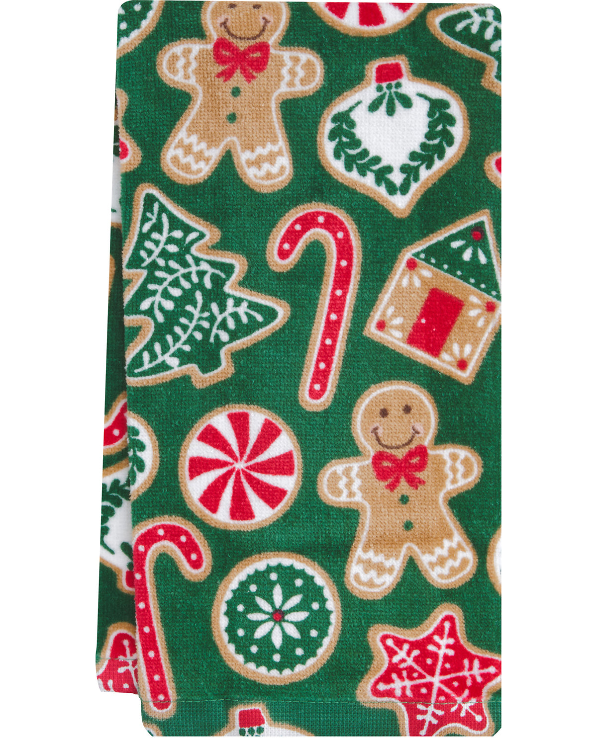 A green kitchen towel or cloth featuring a festive Christmas pattern with gingerbread men, candy canes, peppermint candies, a Christmas tree, a gingerbread house, and snowflake ornaments.