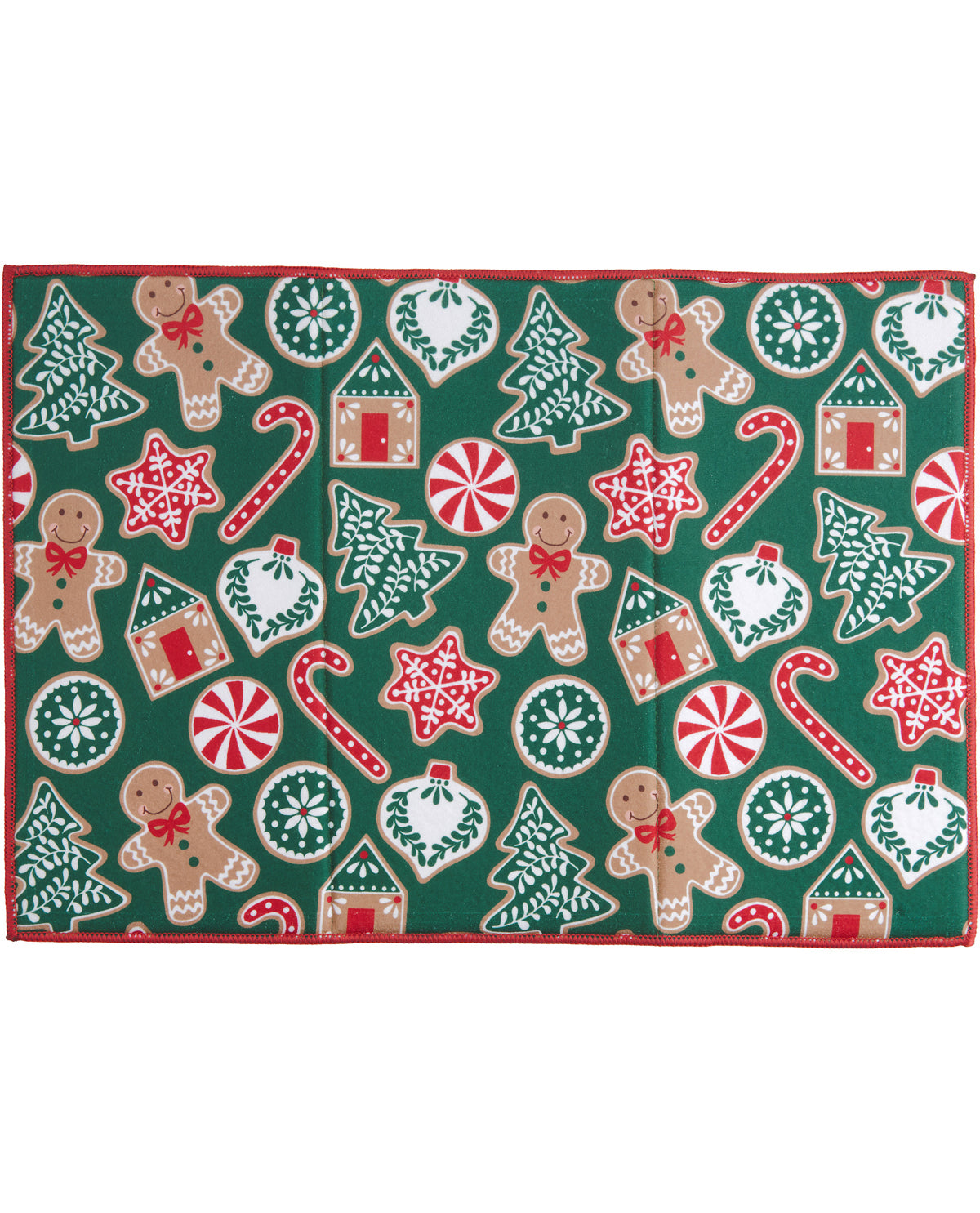 A rectangular holiday-themed fabric or mat with a repeating pattern of gingerbread men, Christmas trees, candy canes, ornaments, and gingerbread houses on a dark green background, shown flat against a white studio background.