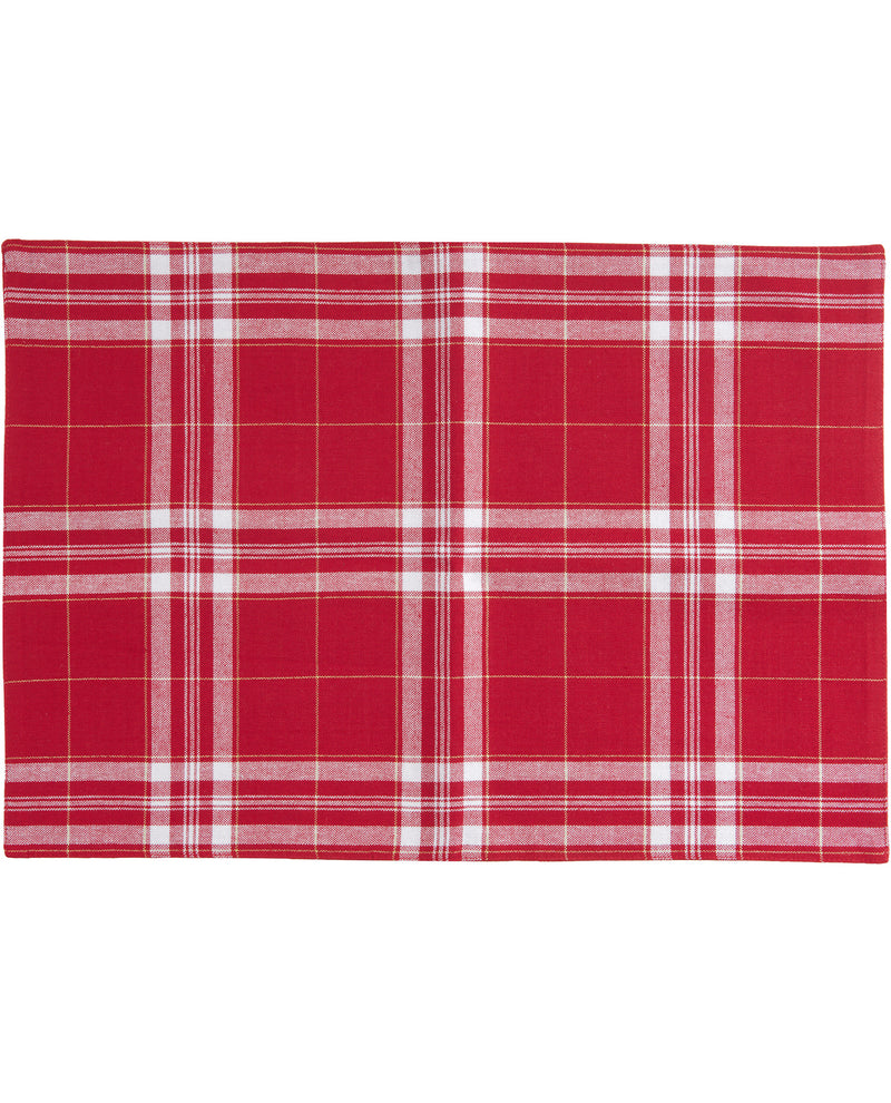 A rectangular red plaid fabric item, likely a placemat or table runner, shown flat against a solid white background.