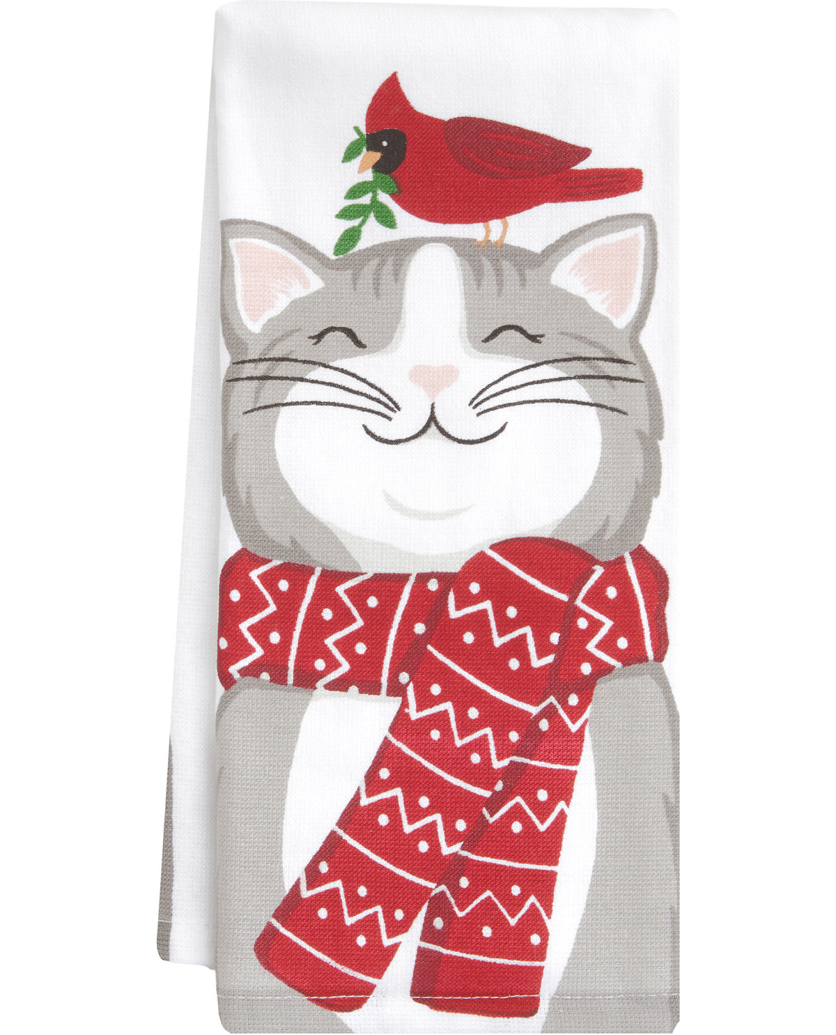 A white kitchen towel featuring a printed design of a gray and white cat wearing a red patterned scarf, with a red cardinal perched on its head holding a green sprig.
