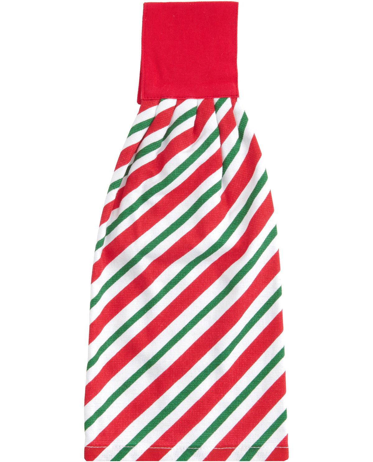 A festive holiday towel featuring diagonal red and green candy cane stripes on a white background, with a solid red top loop.