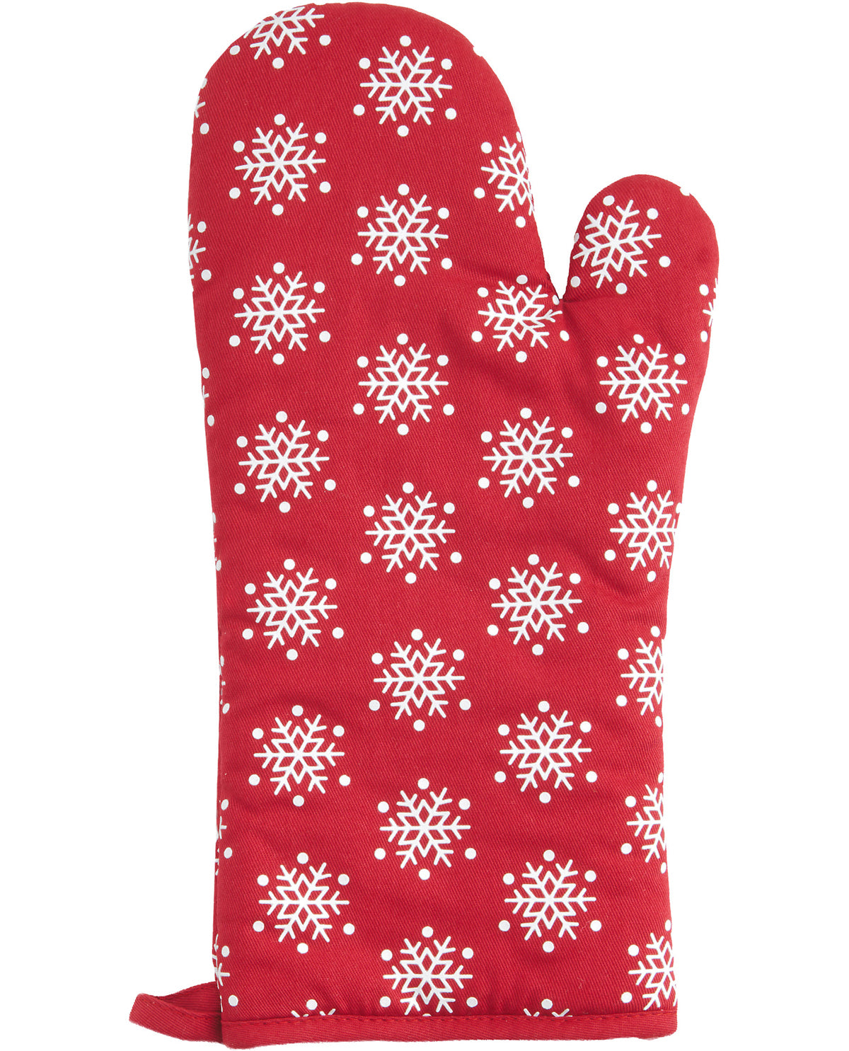 A single red oven mitt with a white snowflake pattern, shown against a plain white background.