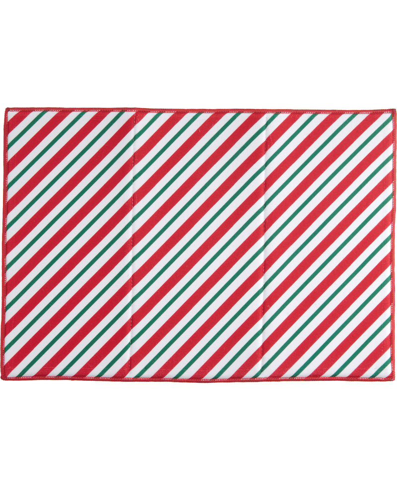 A rectangular holiday-themed mat or rug featuring a festive diagonal stripe pattern of red, white, and green, shown flat against a solid white background.