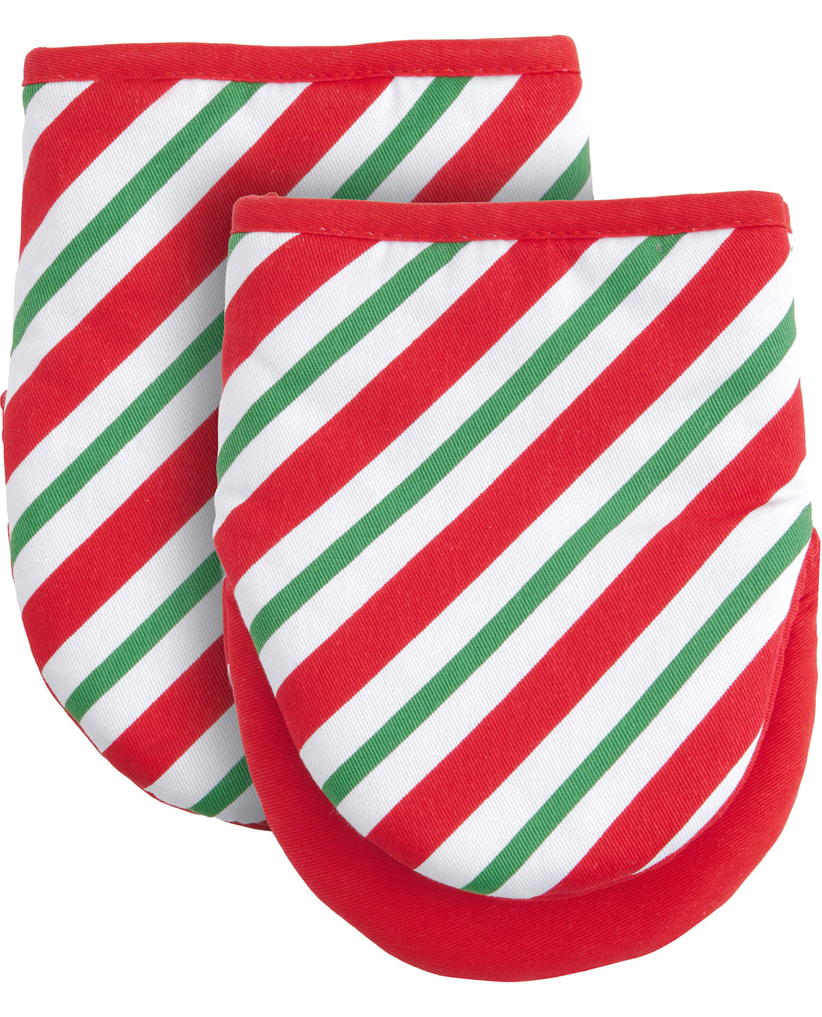 Two red, white, and green striped oven mitts with solid red trim, arranged overlapping on a plain white background.