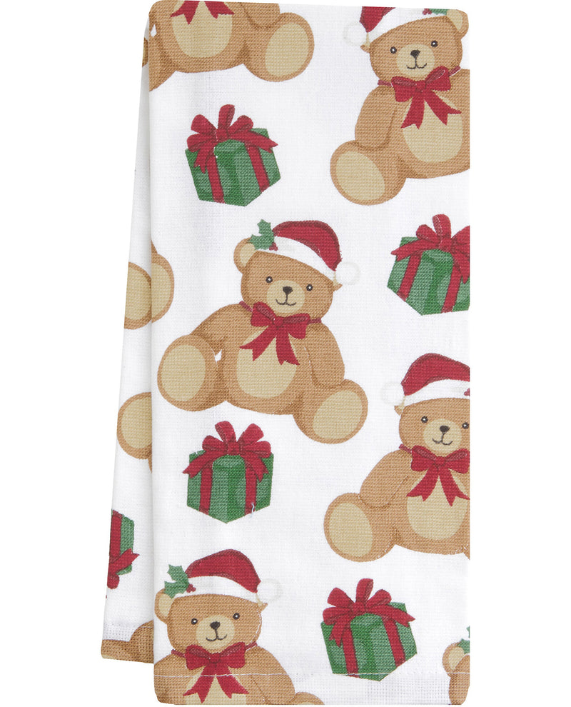 A white kitchen towel featuring a festive Christmas pattern of teddy bears wearing Santa hats and green gift boxes with red bows.